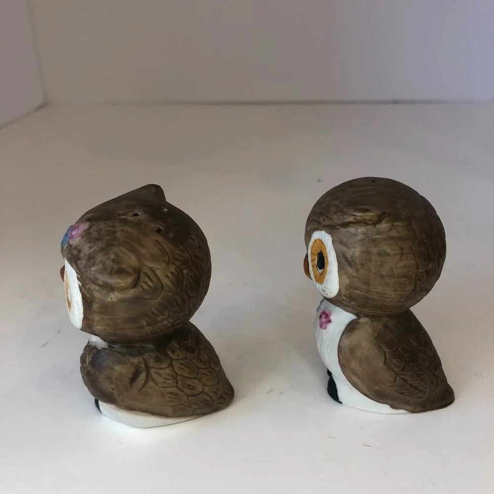 OWLS Salt & Pepper Shaker‎ S&P Cute Brown Couple Kitsch Ceramic VINTAGE